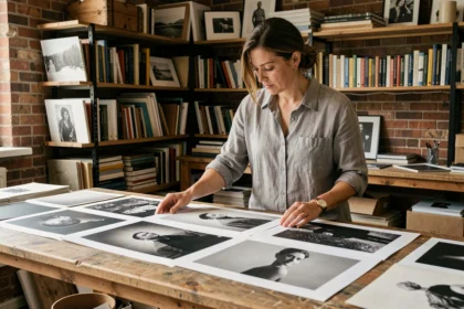 Photographe féminine examinant des tirages noir et blanc avec des erreurs de tonalité sur une table en bois dans un studio photo