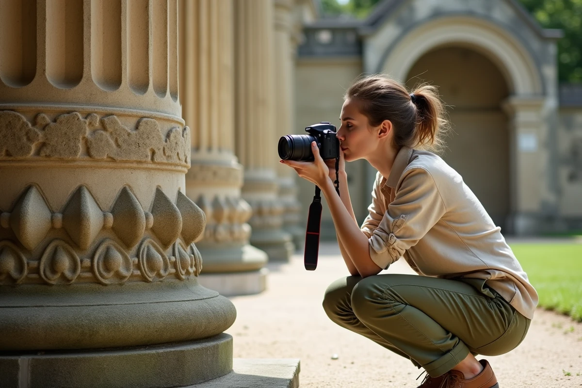 Photographe capturant les détails sculptés d'une colonne en pierre au Palais Idéal du Facteur Cheval entourée de végétation