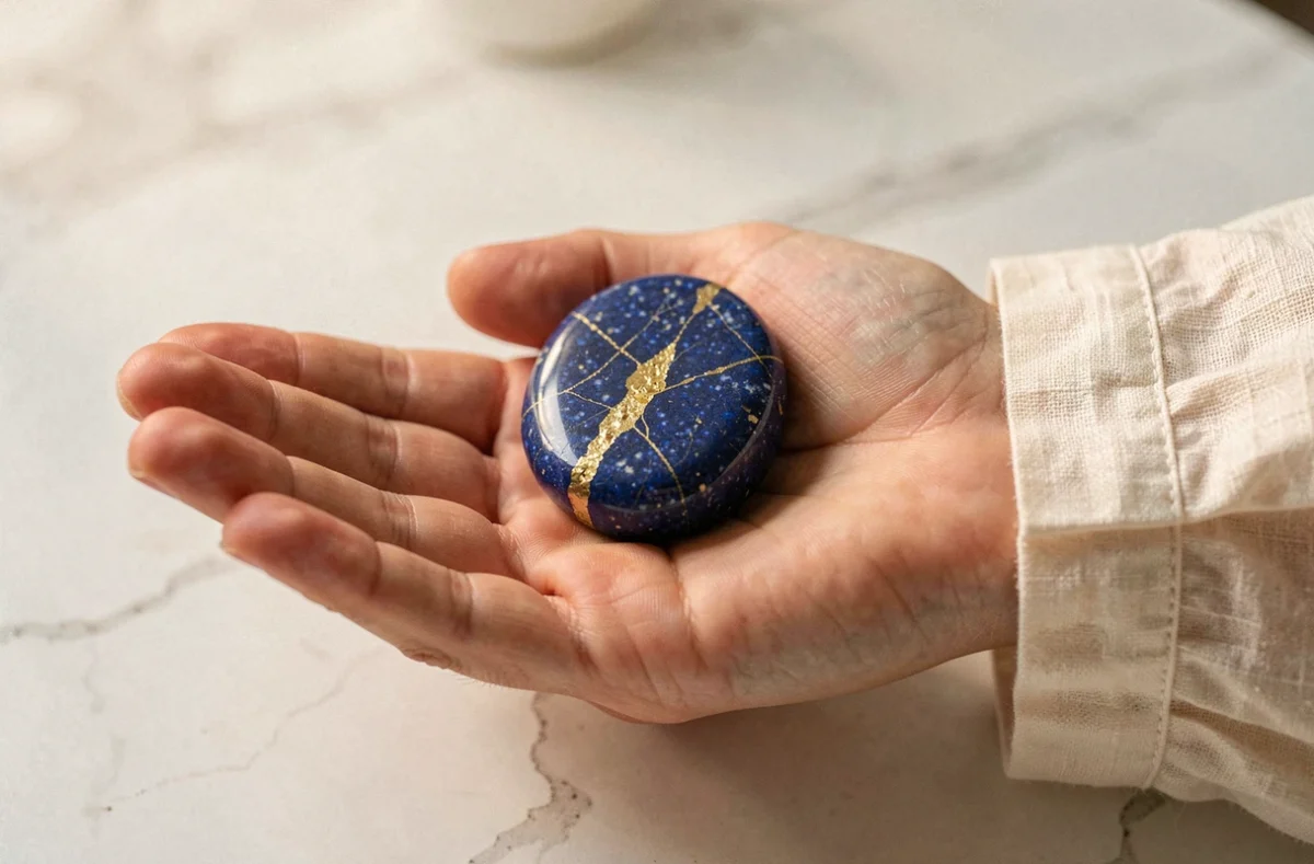 Pierre bleue lapis lazuli posée dans la paume d'une femme, détail macro sur fond de marbre blanc épuré