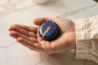 Pierre bleue lapis lazuli posée dans la paume d'une femme, détail macro sur fond de marbre blanc épuré