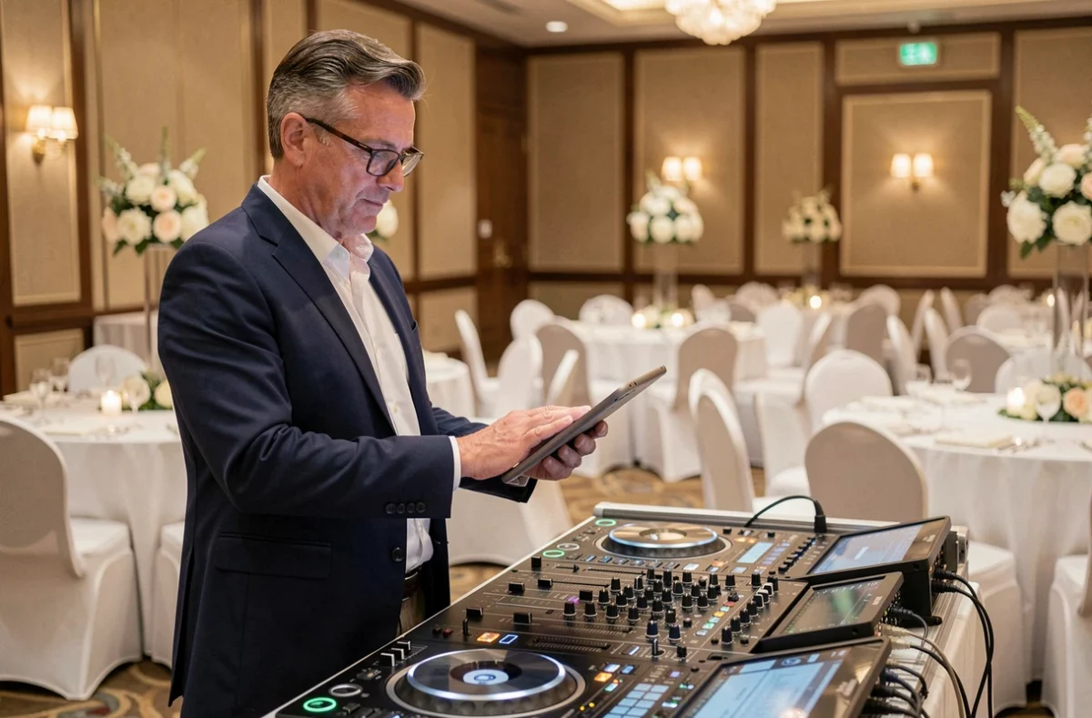 Pierre JCB DJ Events vérifiant sa setlist sur tablette dans une salle de réception corporate élégante