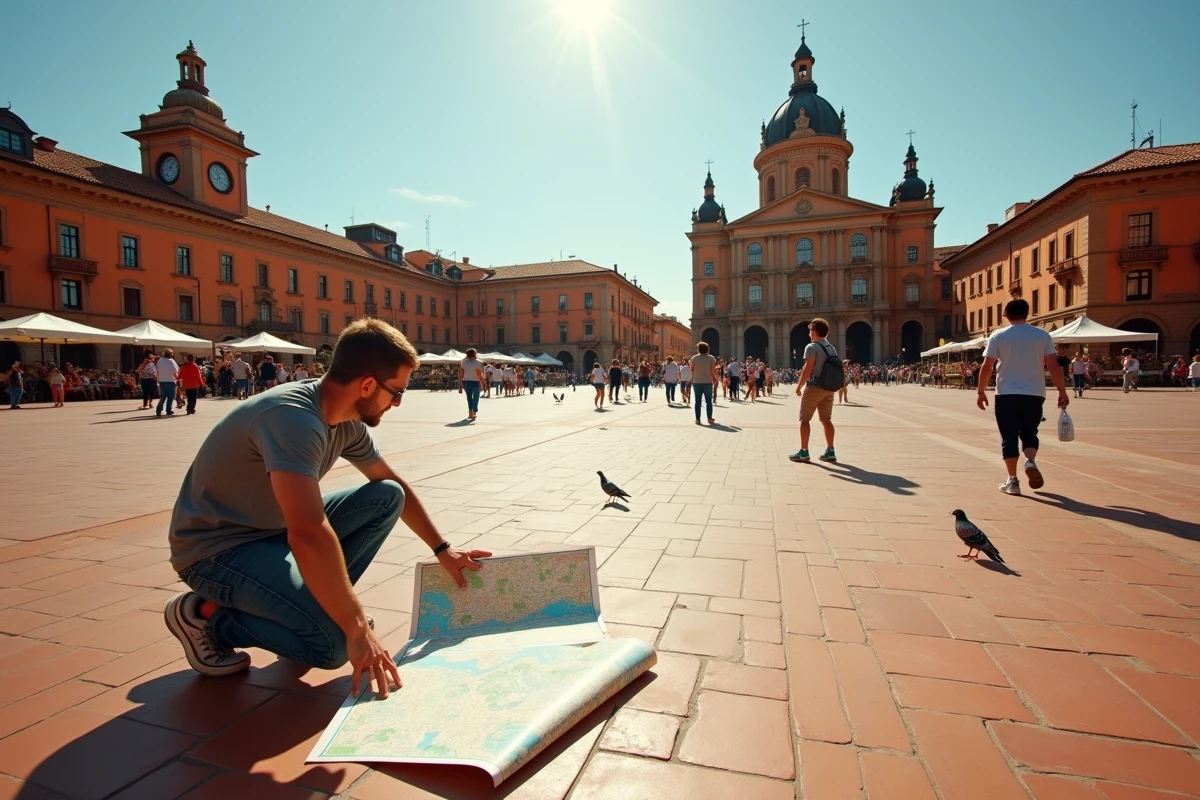 Place du Capitole à Toulouse avec un touriste dépliant une carte de la ville pour se repérer dans les quartiers