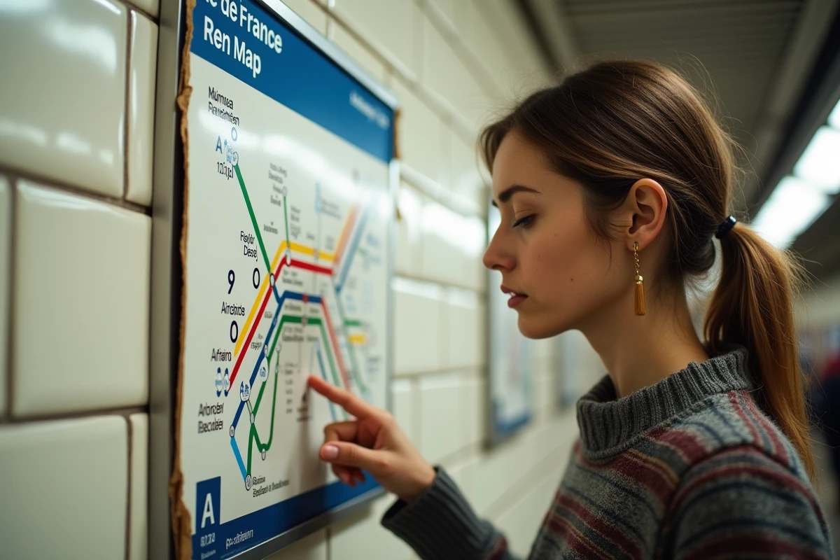 Femme consultant un plan de nuit du RER Île-de-France affiché sur un mur de station carrelé