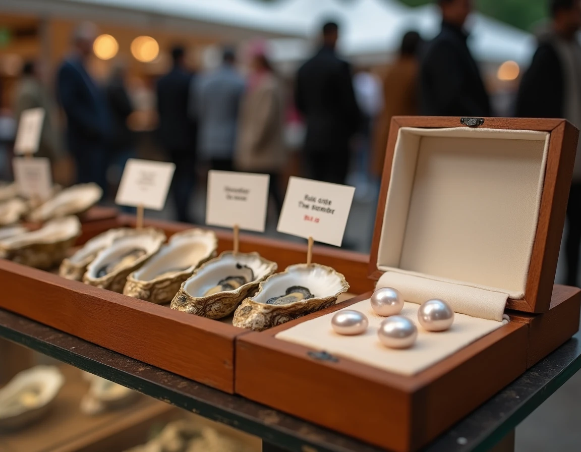 Plateau de marché présentant des huîtres fermées et des perles dans un écrin en velours avec étiquettes de prix