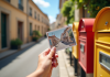 Main tenant une carte postale devant boîtes aux lettres colorées à Aix en Provence
