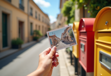 Main tenant une carte postale devant boîtes aux lettres colorées à Aix en Provence