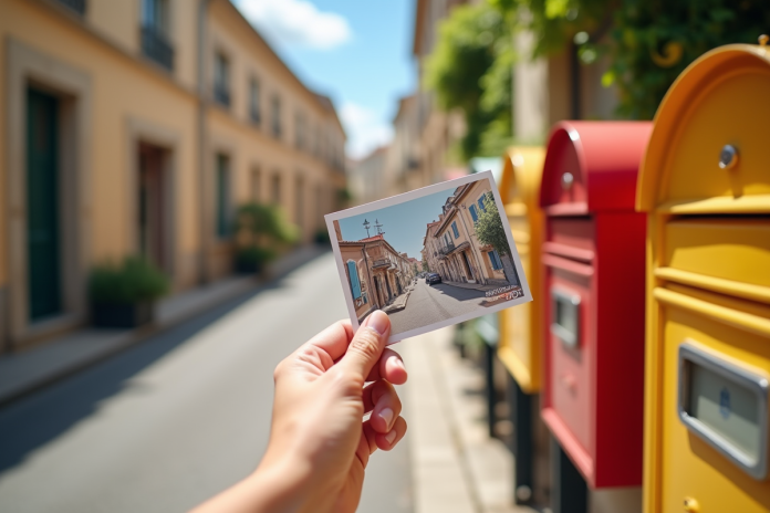 Main tenant une carte postale devant boîtes aux lettres colorées à Aix en Provence