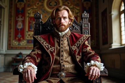 Portrait d'un roi Tudor en tenue riche dans une salle noble