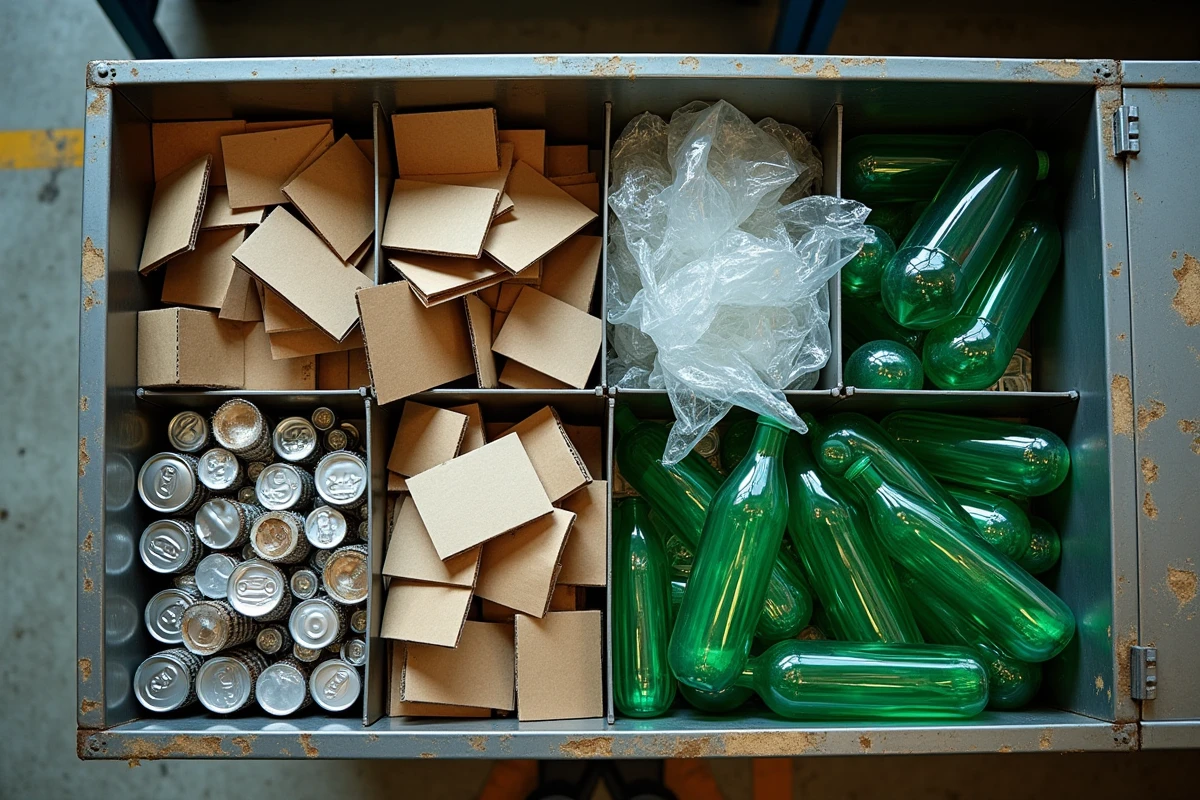 Vue aérienne d'un poste de tri de déchets recyclables avec aluminium, carton, plastique et verre séparés sur une table métallique industrielle