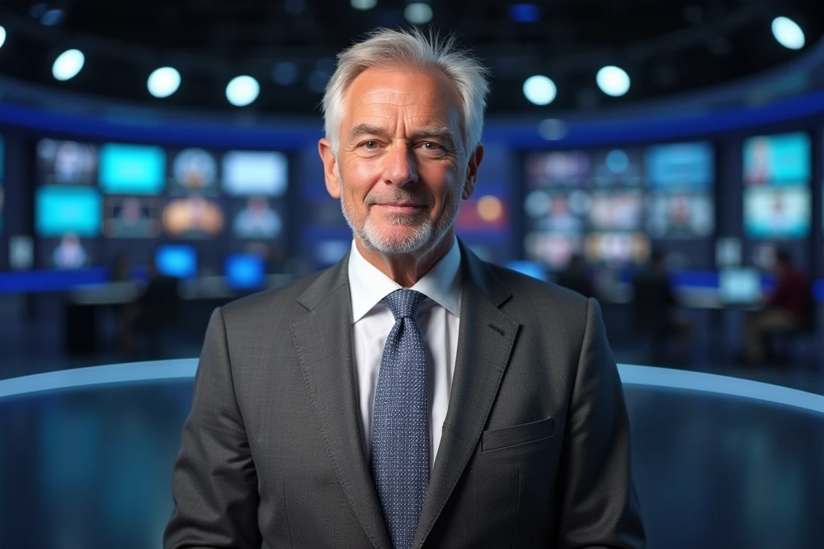 Présentateur de télévision français devant un plateau de studio moderne, illustration du parcours médiatique d'un journaliste reconnu