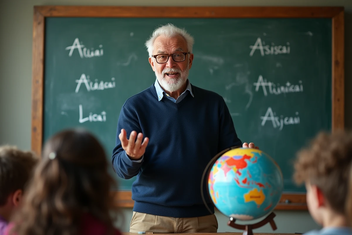 Professeur montre un globe à des élèves en classe