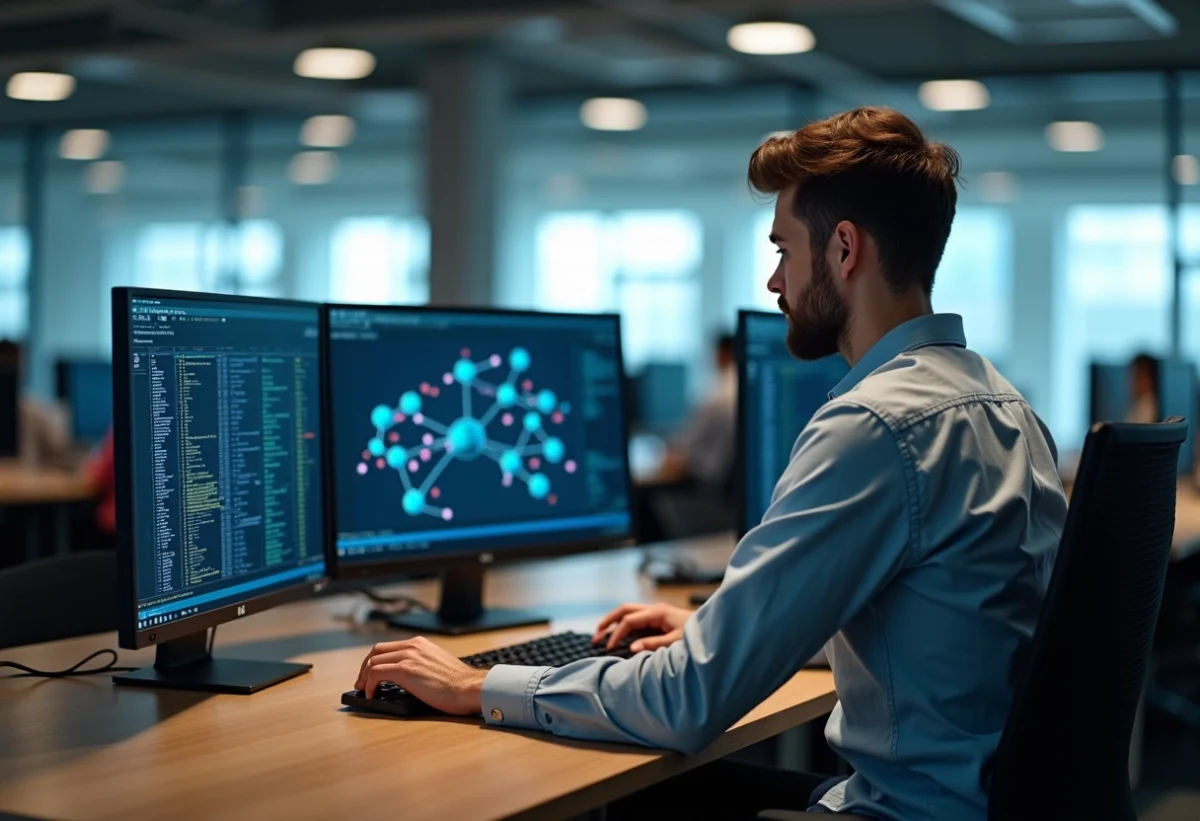 Jeune homme IT concentré devant ses écrans en open space