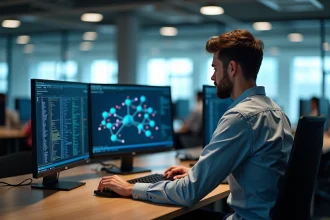 Jeune homme IT concentré devant ses écrans en open space