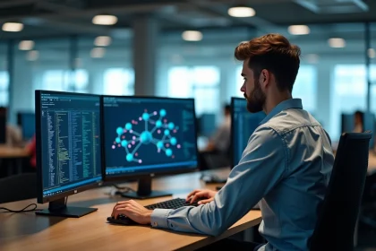 Jeune homme IT concentré devant ses écrans en open space