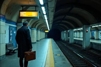Quai de station RER souterrain la nuit avec un voyageur consultant les horaires tardifs sur un panneau lumineux