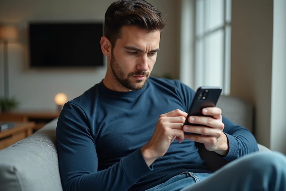 Homme consultant l'adresse d'un site de films en streaming sur smartphone dans un salon moderne