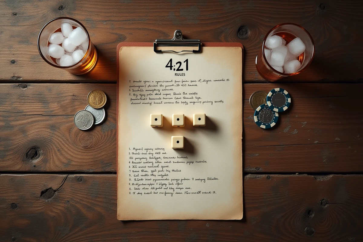 Vue aérienne d'une table de jeu avec les dés en combinaison 421, règles PDF et pièces de monnaie