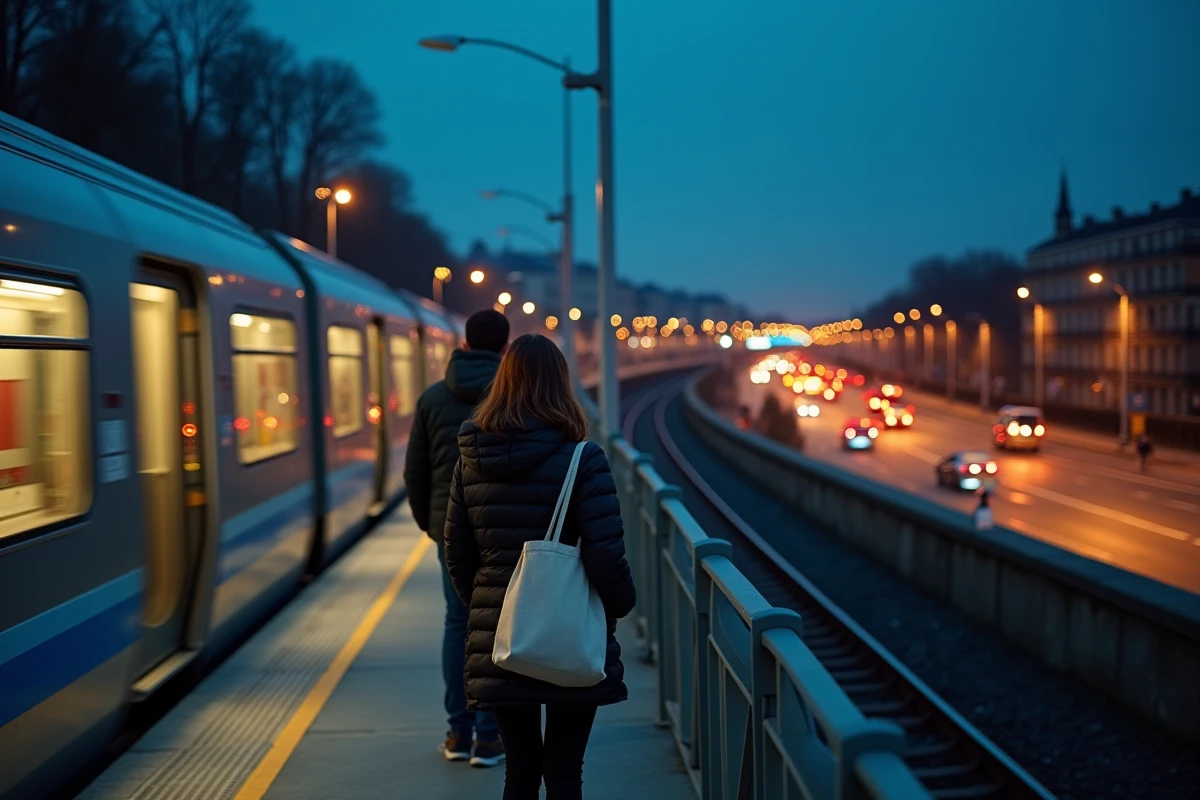 Train RER arrivant en station aérienne de nuit avec vue panoramique sur la banlieue parisienne