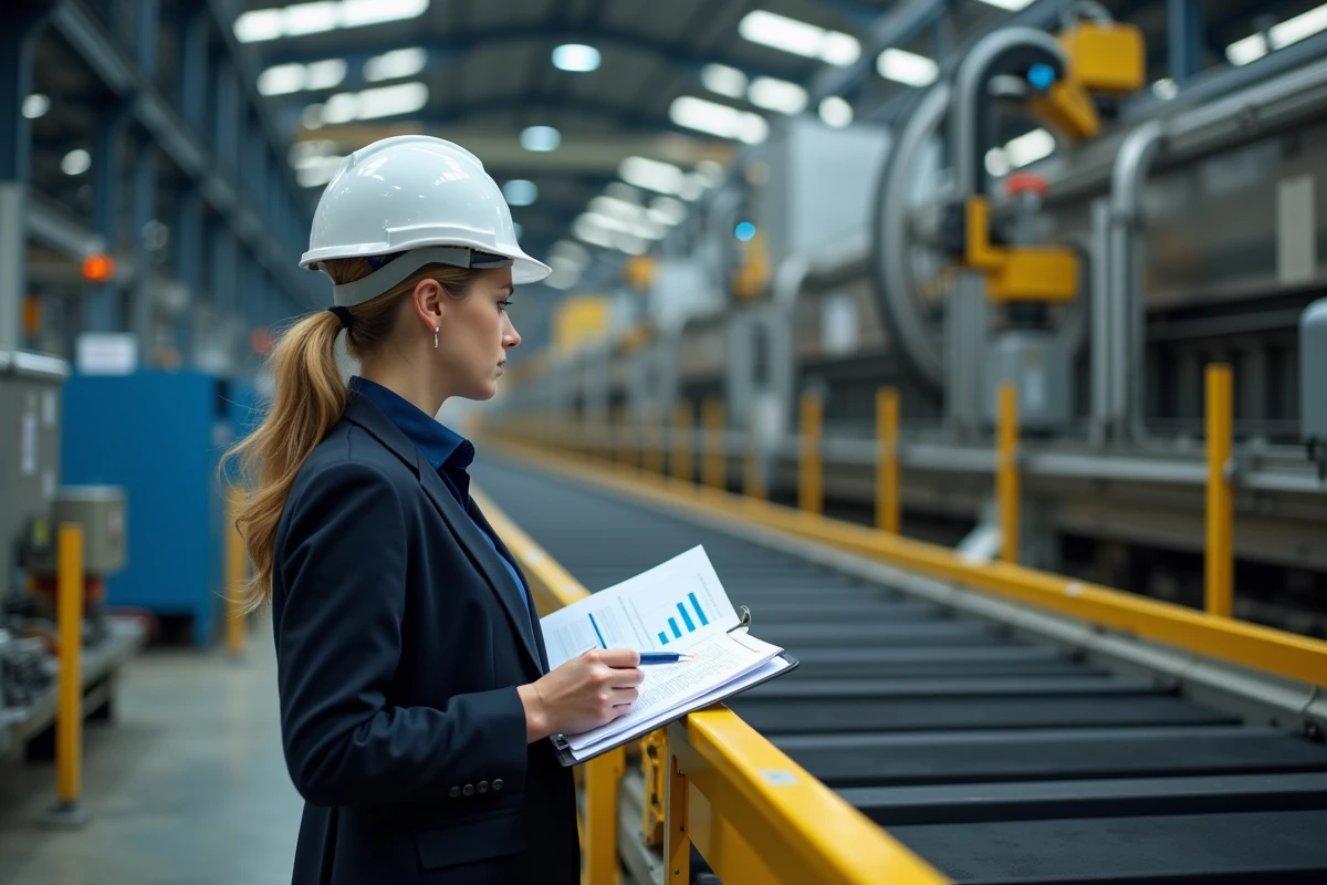 Responsable logistique féminine en casque blanc analysant des rapports de coûts de gestion des déchets devant un système de tri automatique à convoyeur