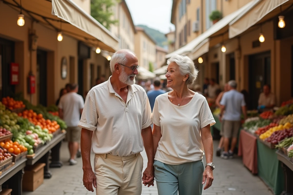 Couple de retraités actifs se promenant dans un marché de plein air d'une ville idéale pour la retraite en France