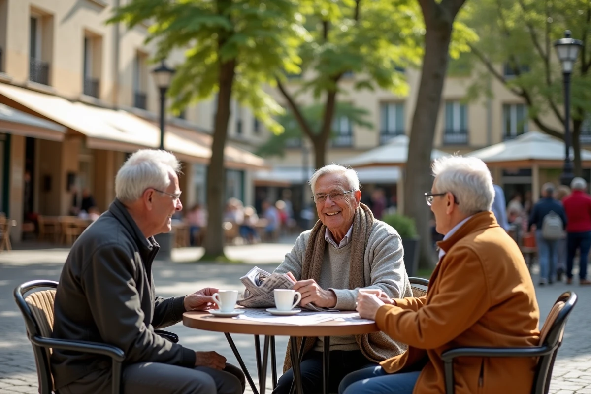 Groupe de retraités discutant en terrasse de café sur une place de ville animée, symbole de vie sociale active après la retraite