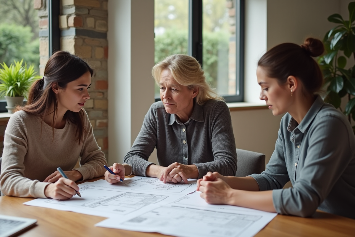 Trois copropriétaires examinant des plans dans une salle de réunion