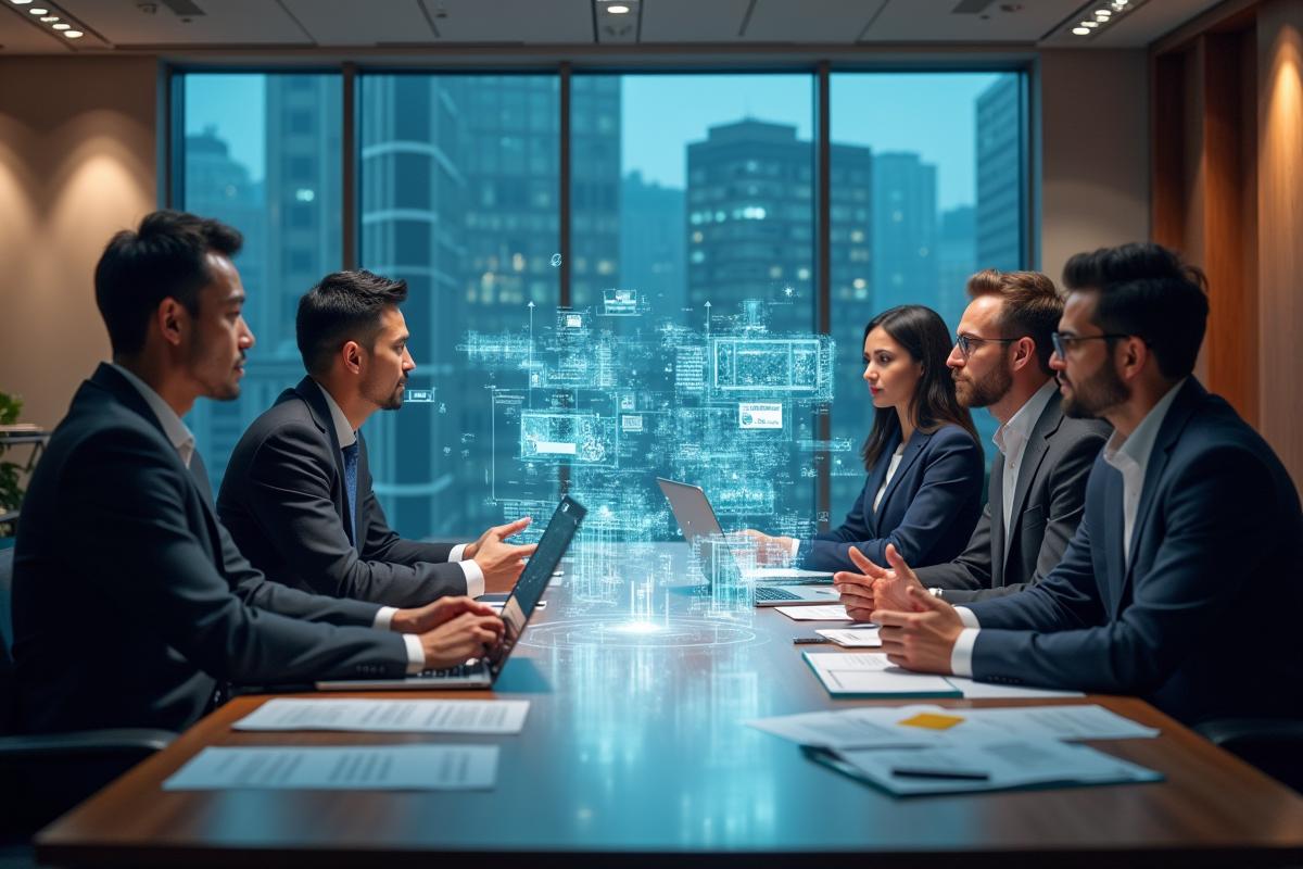 Groupe de professionnels discutant avec projections holographiques