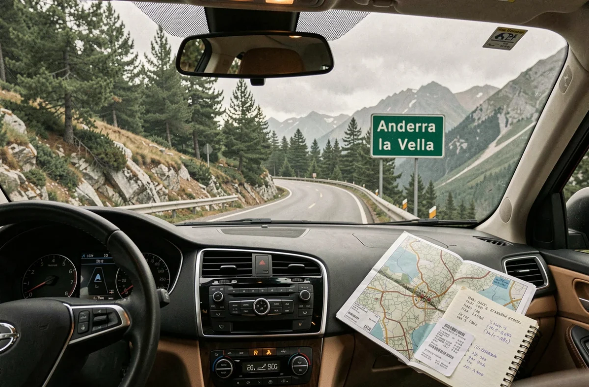 Route des Pyrénées vers Andorre vue depuis l'habitacle d'une voiture avec calcul de rentabilité du trajet