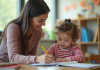 Scène de classe chaleureuse avec un adulte aidant un élève