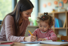 Scène de classe chaleureuse avec un adulte aidant un élève