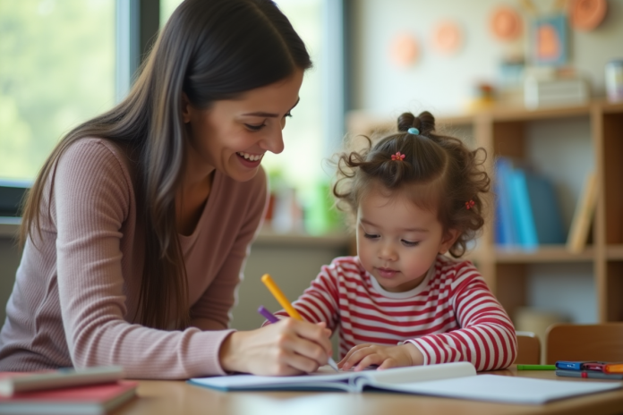 Scène de classe chaleureuse avec un adulte aidant un élève