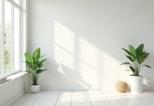 Salon minimaliste lumineux avec plante verte et grande fenetre