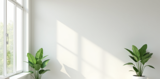 Salon minimaliste lumineux avec plante verte et grande fenetre