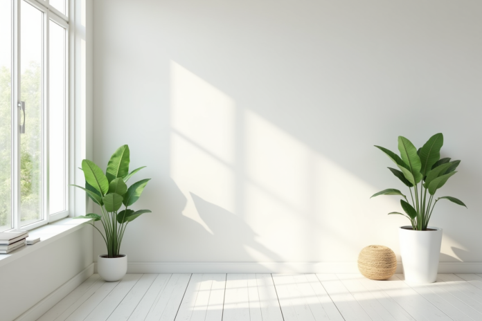 Salon minimaliste lumineux avec plante verte et grande fenetre