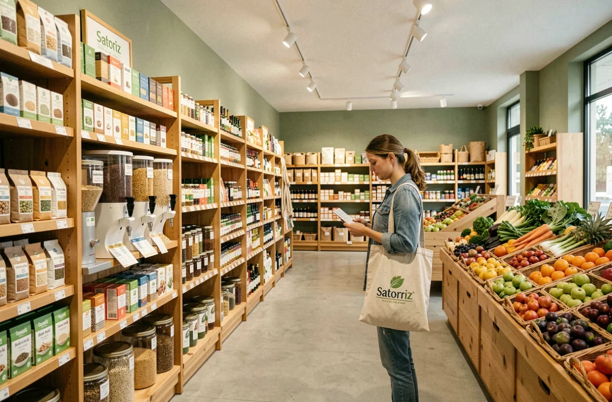 Intérieur du magasin bio Satoriz à Puget-sur-Argens avec ses larges rayons de produits biologiques certifiés et son espace vrac