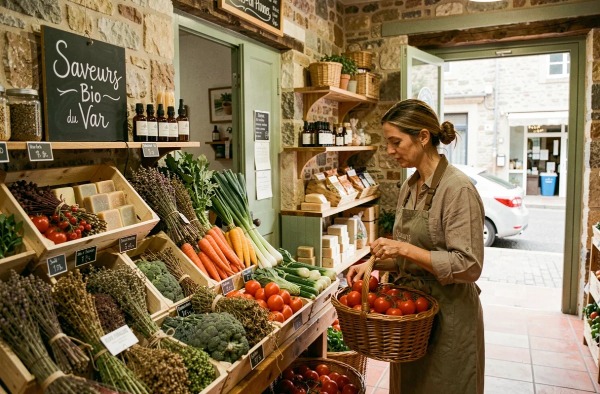 Boutique Saveurs Bio du Var à Trans-en-Provence avec des caisses de légumes locaux, herbes de Provence et savons artisanaux