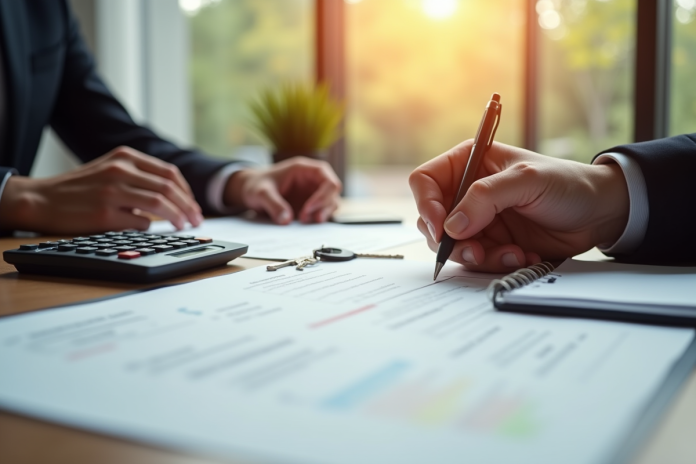 Personne signant documents de pret immobilier au bureau