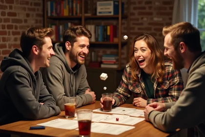 Groupe d'amis animant une soirée jeux autour d'une table avec des dés et les règles du 421 imprimées