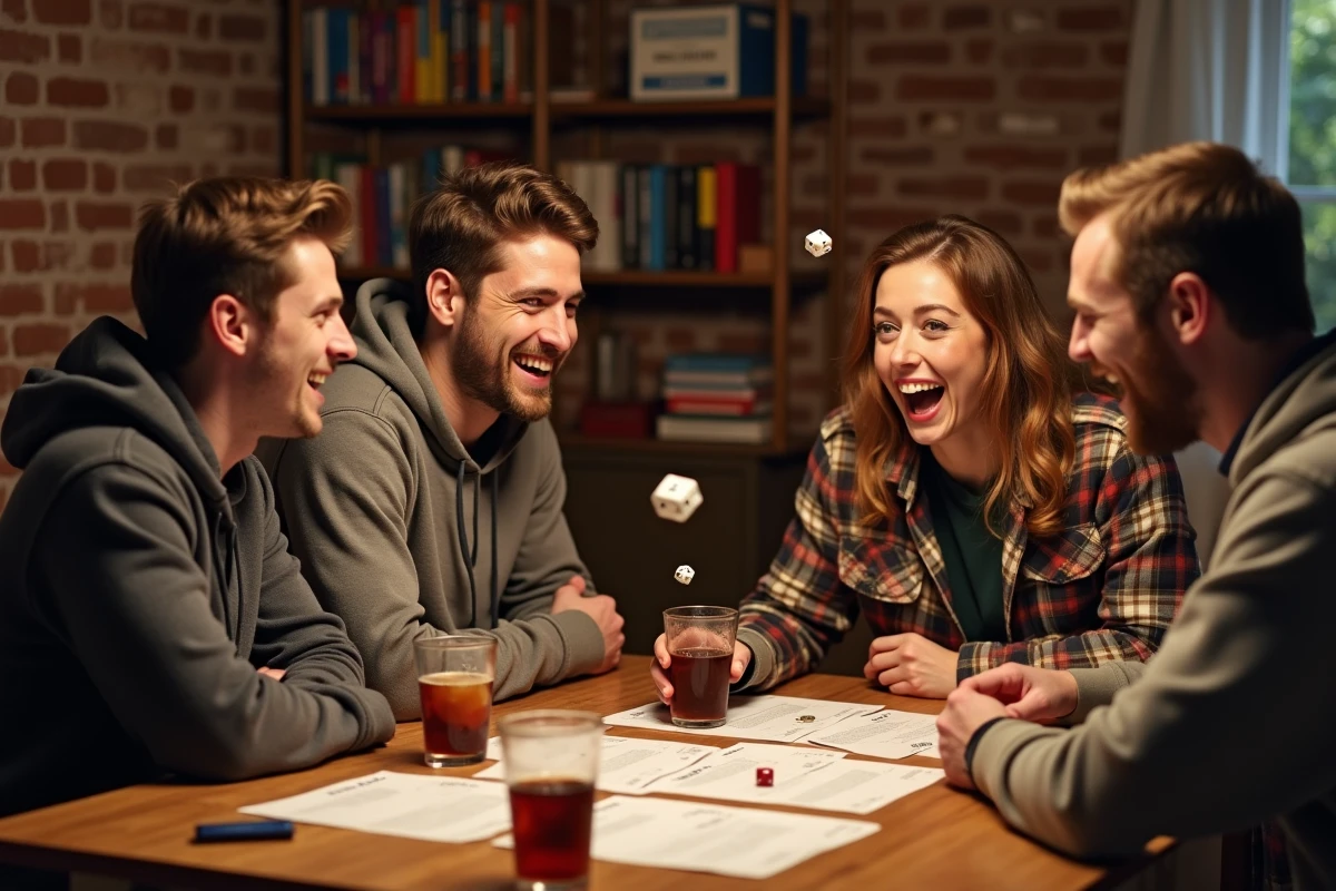 Groupe d'amis animant une soirée jeux autour d'une table avec des dés et les règles du 421 imprimées