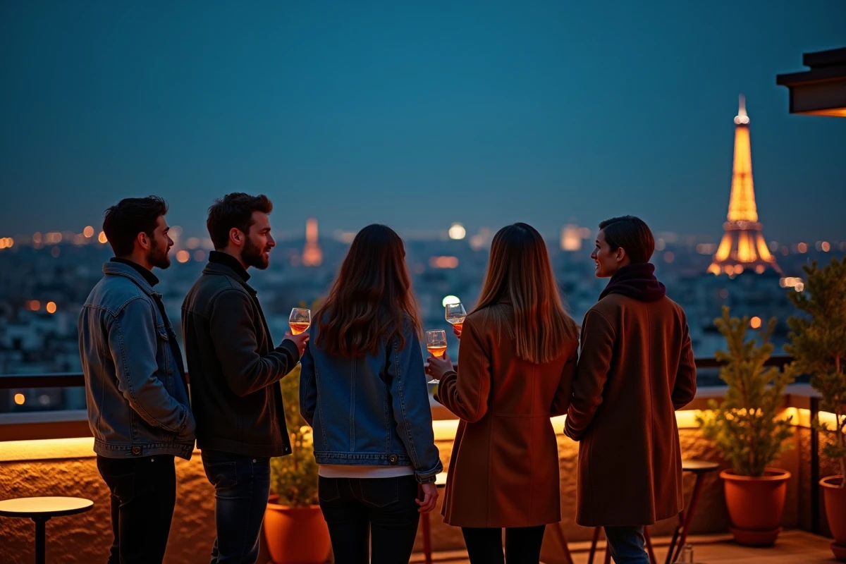 Groupe d'amis profitant d'une soirée insolite sur un rooftop parisien avec vue sur la Tour Eiffel