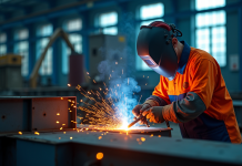 Soudeur en protection travaillant avec une machine MIG dans un atelier lumineux