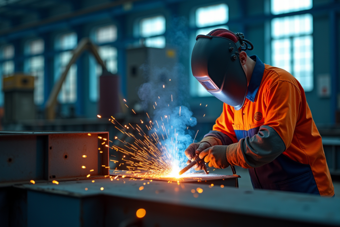 Soudeur en protection travaillant avec une machine MIG dans un atelier lumineux