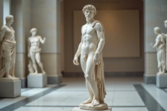 Statue d'Apollon en marbre blanc exposée dans une galerie de musée néoclassique, incarnant les idéaux de beauté et de perfection de l'esthétique grecque antique