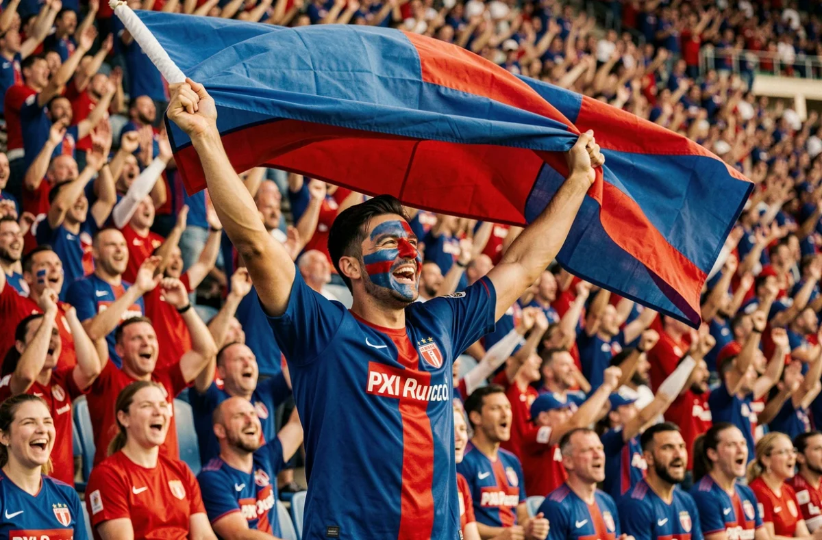 Supporter passionné brandissant un drapeau bleu et rouge dans un stade de football bondé