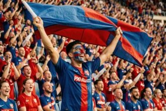 Supporter passionné brandissant un drapeau bleu et rouge dans un stade de football bondé