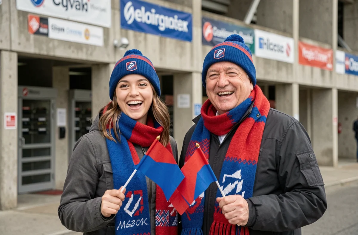 Deux supporters avec drapeaux et écharpes bleu et rouge devant l'entrée d'un stade