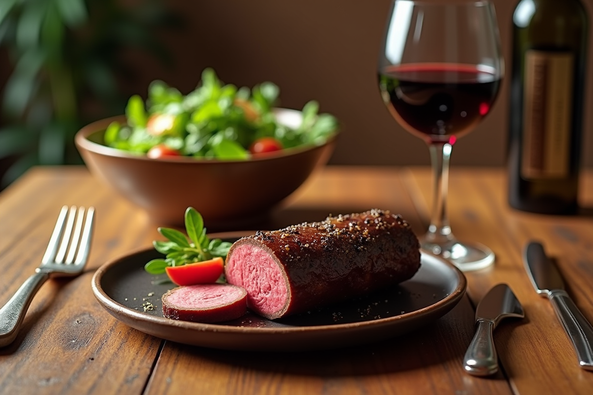 Table avec boudin noir salade verte et verre de vin rouge