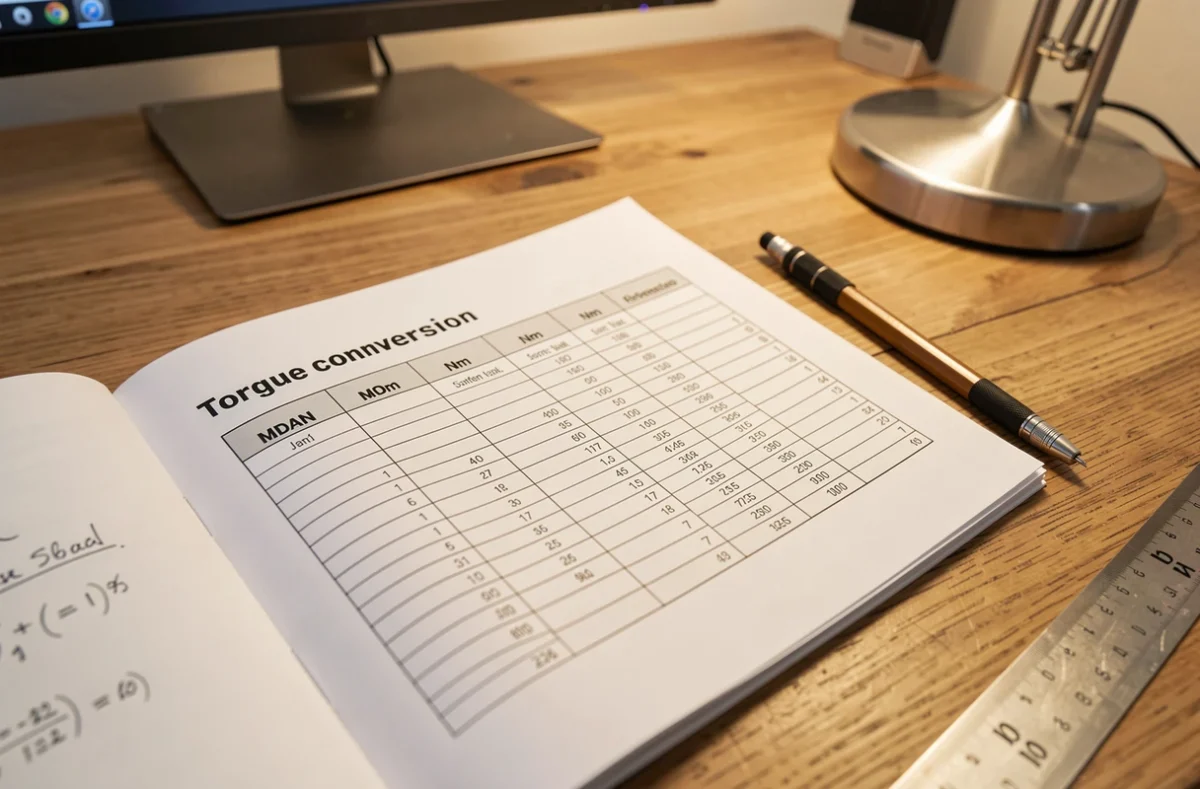 Table de conversion MDAN en Nm imprimée dans un cahier technique posé sur un bureau d'ingénieur avec des notes manuscrites