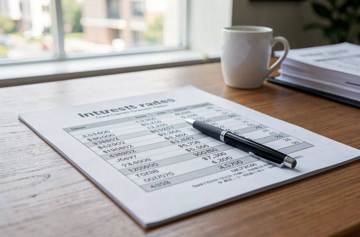 Tableau de taux d'intérêt posé sur le bureau d'un conseiller
