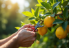 Mains de jardinier taillant un citronnier en plein air